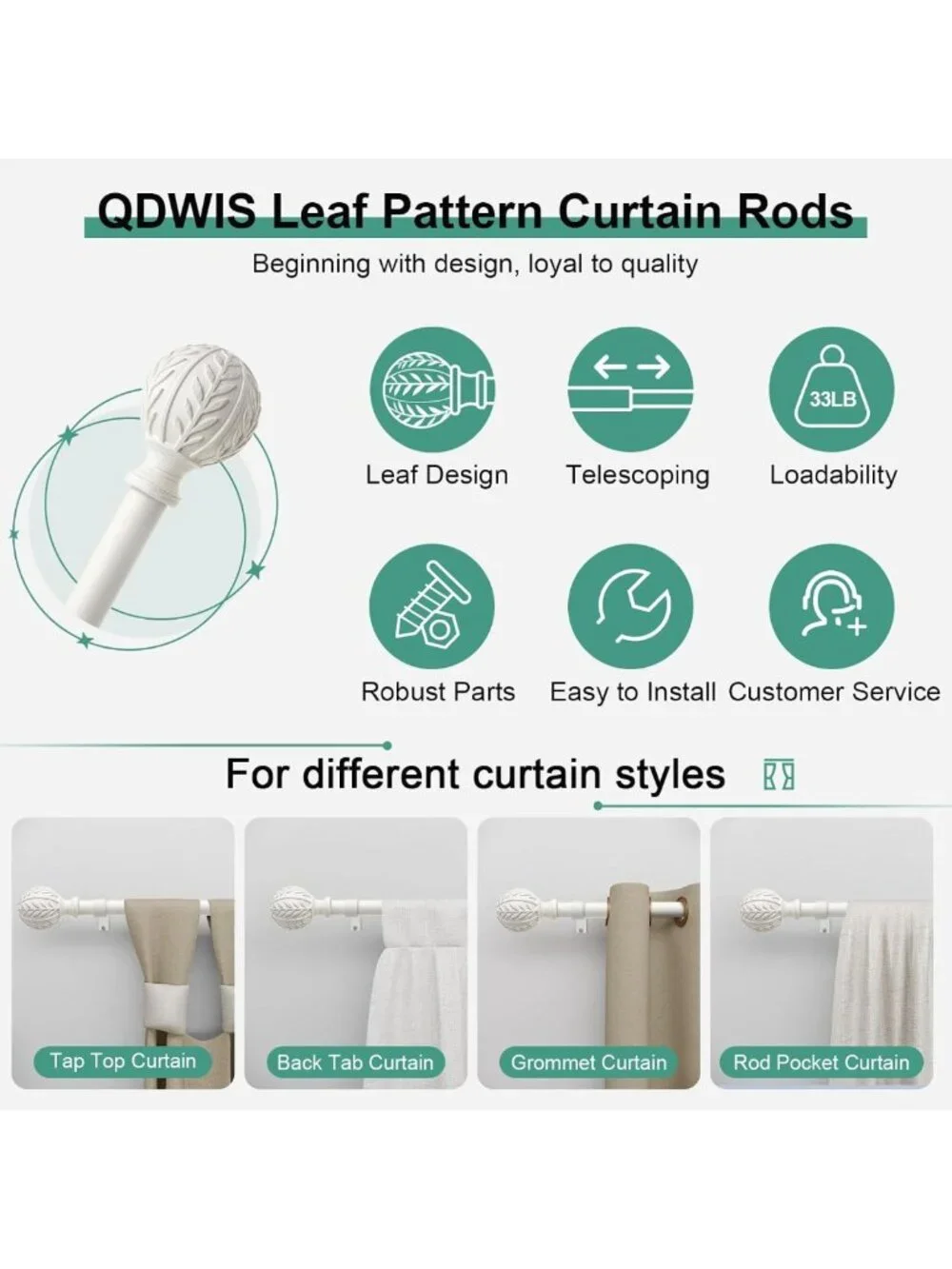 2 Pack Adjustable Antique White Curtain Rods 48-84” with Leaf Finials, Rustic
